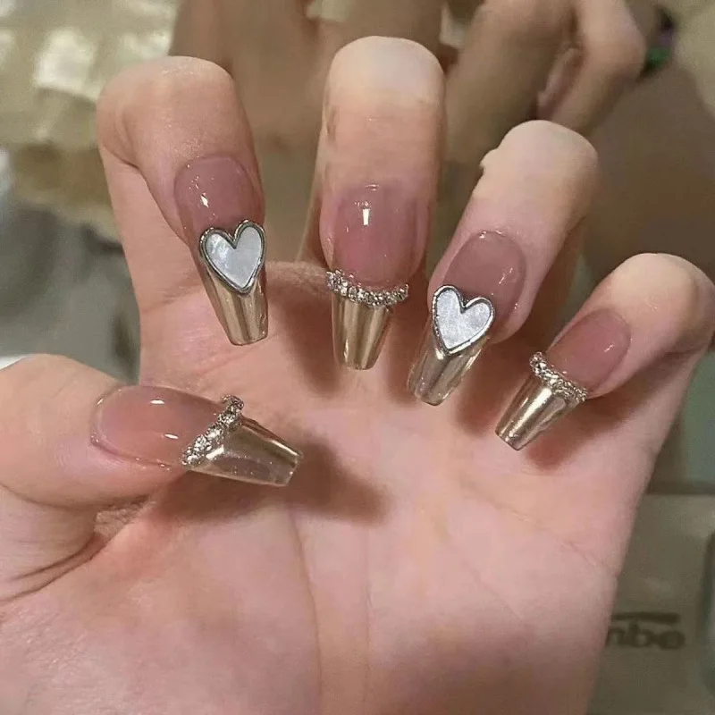 

10Pcs Handmade Three-dimensional Love Heart False Nails with French Design Long Wearable Fake Nails Rhinestone Press on Nails