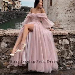 2024 rosa elegante semplice abito da ballo a-line Off The Shoulder Tulle Slide fessura piega su misura sera cresce Vestidos De Festa