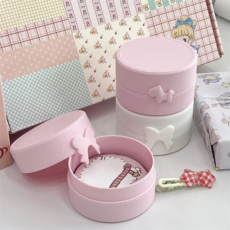 1Pc INS Cute Macaron Bow Round Storage Box Kawaii Girls Jewelry Hairpins Dustproof Box Travel Portable Small Sundries Organizer