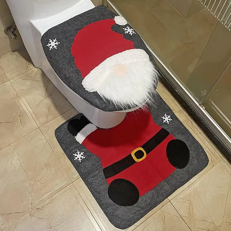 Christmas Gnome Toilet for Seat Lid Covers Floor Carpet Set Supplies for Xmas Party Home Restaurant Bar Dining Room Decor