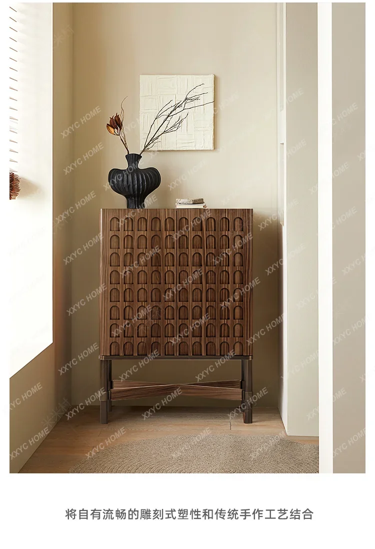 NN Retro art dining side cabinet high-grade walnut pure solid wood vertical cabinet light luxury high-end relief locker