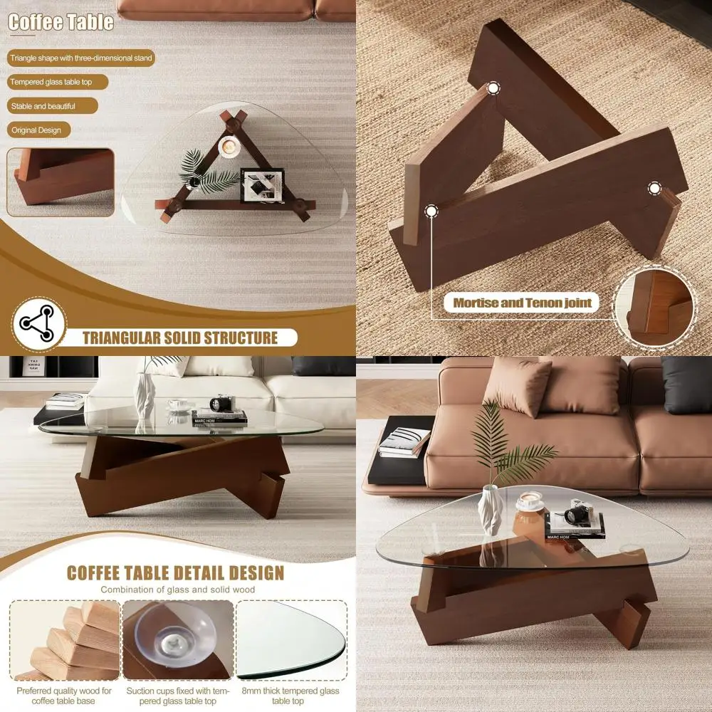 ミッドセンチュリーモダンウォールナットコーヒーテーブル、35.5 x 27.5 x 15.7、ガラストップ、素朴なブラウン、リビングルームや狭いスペースに最適