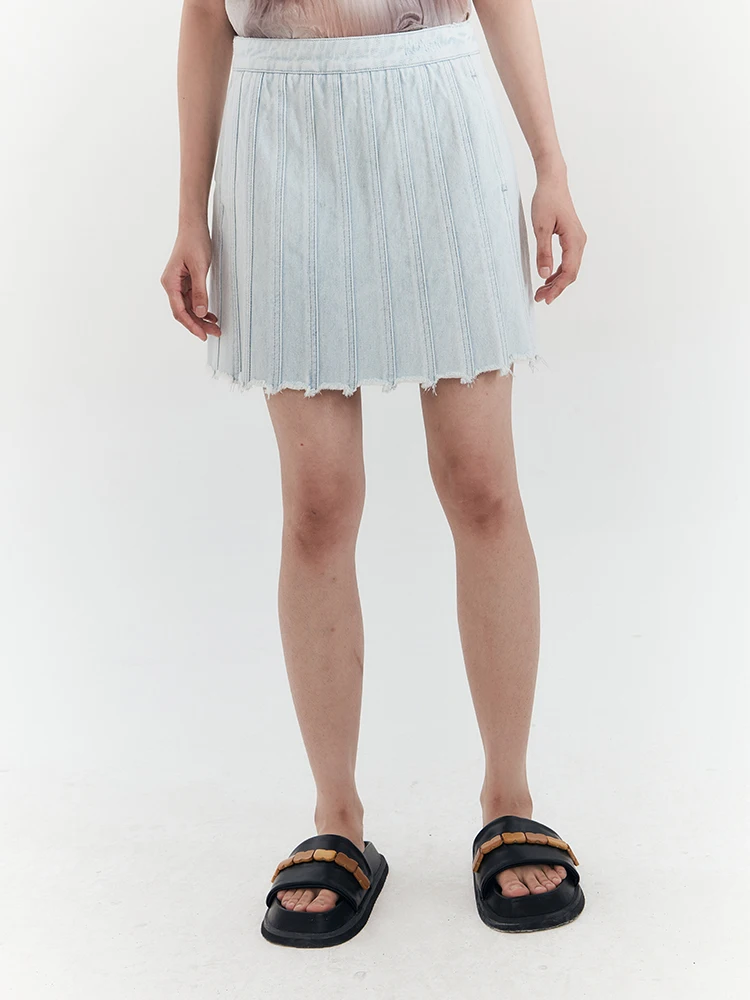 

Оригинальный дизайн, светло-голубая джинсовая лоскутная юбка, простая юбка со средней талией, хлопковый материал O ape