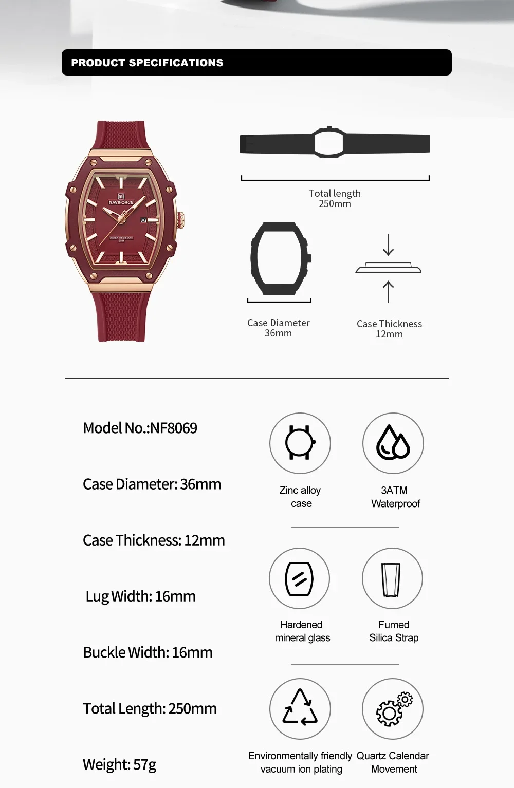 NAVIFORCE NF8069 المرأة كوارتز أنيقة التقويم عرض سيليكون حزام مضيئة مؤشر 3ATM مقاوم للماء ساعة السيدات