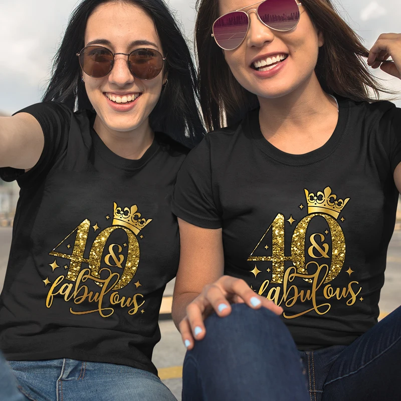 

40th Fabulous T Shirt for Women 40th Year Birthday Party Tops Fashion Shiny Crown Graphic Short Sleeve Tees Female Clothing