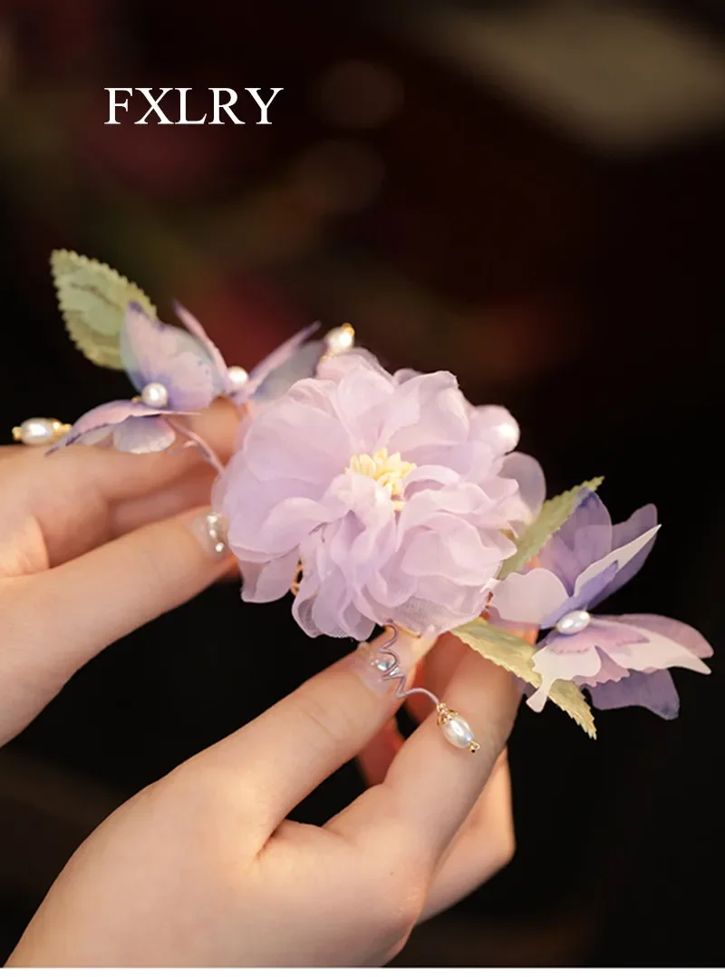 FXLRY Original Design Handmade Hair Cloth Art Purple Flowers Butterfly Edge Clip Hairpin