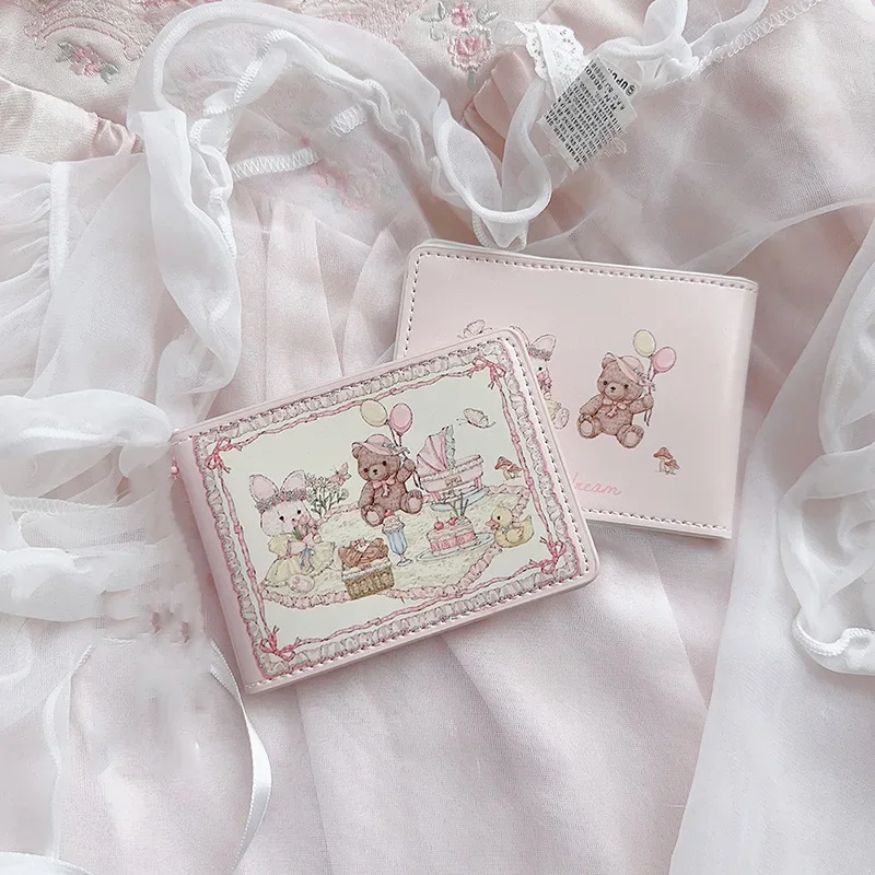 1Pc Cute Pink Fairy Tale Picnic Bunny Bear PU Card Bag Lovely Girl Purse ID Card Driver's License Bus Bank Card Change Organizer