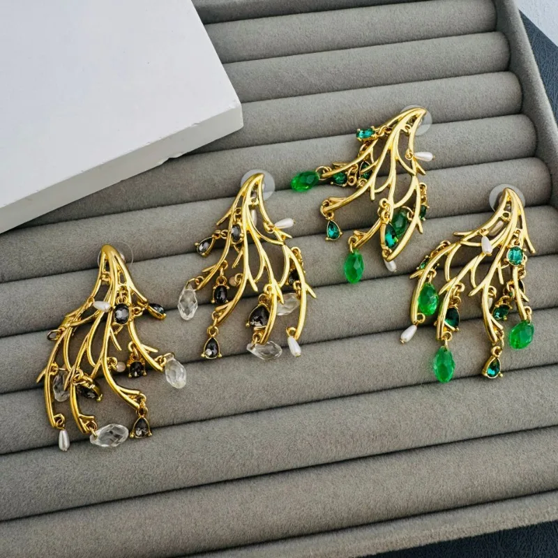 

Mediocre Style Retro Old High-end Niche Design Branch Water Drop Glass Dangle Fashionable Personality Earrings for Women