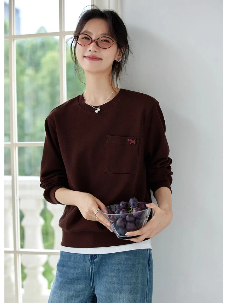 

VIMLY Sweatshirts Women Fashion Brown Autumn 2025 Casual Pocket Round Neck Loose Sweatshirt Long Sleeve Knitted Lady Tops A2077