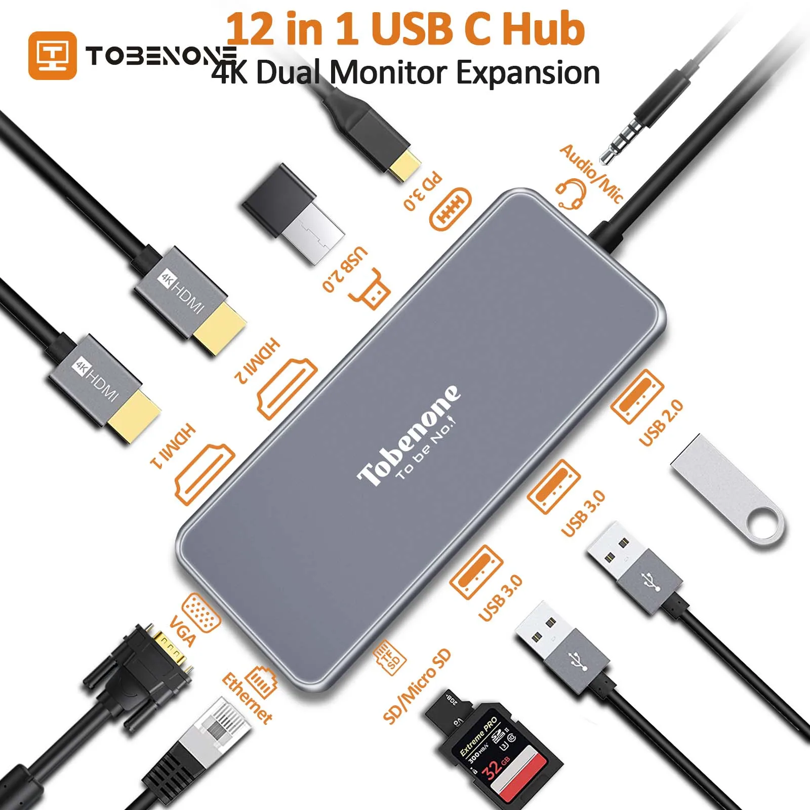 Tobenone-usb c a 2 hdmi docking station, 4k, monitor duplo, hub portátil com vga, usb3.0, ethernet, sd/tf, para macbook pro/air