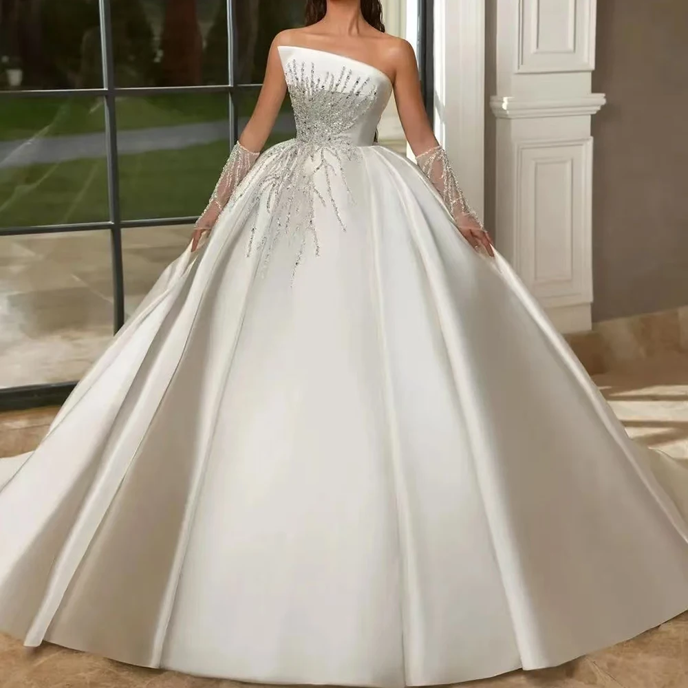 Luxury Appliques Satin Wedding Dresses Fashion Draped Sleeveless Strapless Floor Length Ball Gowns Graceful Bridal Dress 2024