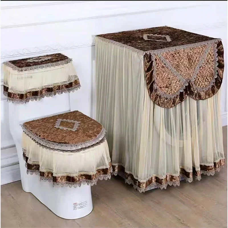 Lace Embroidered Toilet Three Piece Washing Machine Cover Home Decoration Velvet Toilet Cover Detachable Washing Machine Cover