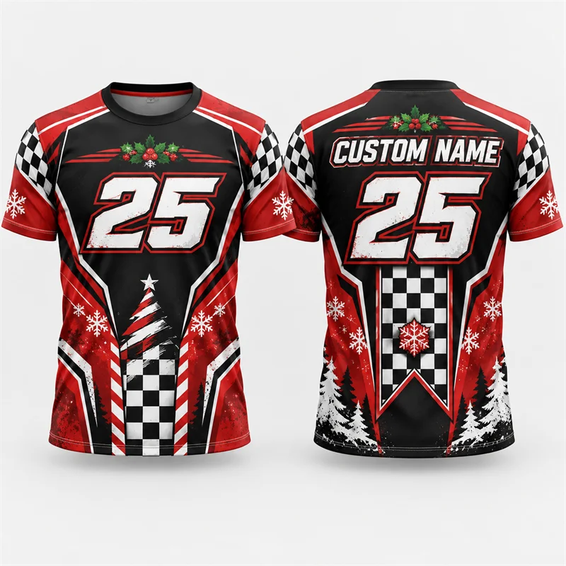 Custom Name Number Christmas Racing T Shirt Men Checkered Flag Short Sleeve Xmas Motorsport Jersey Holiday Streetwear Gift Top