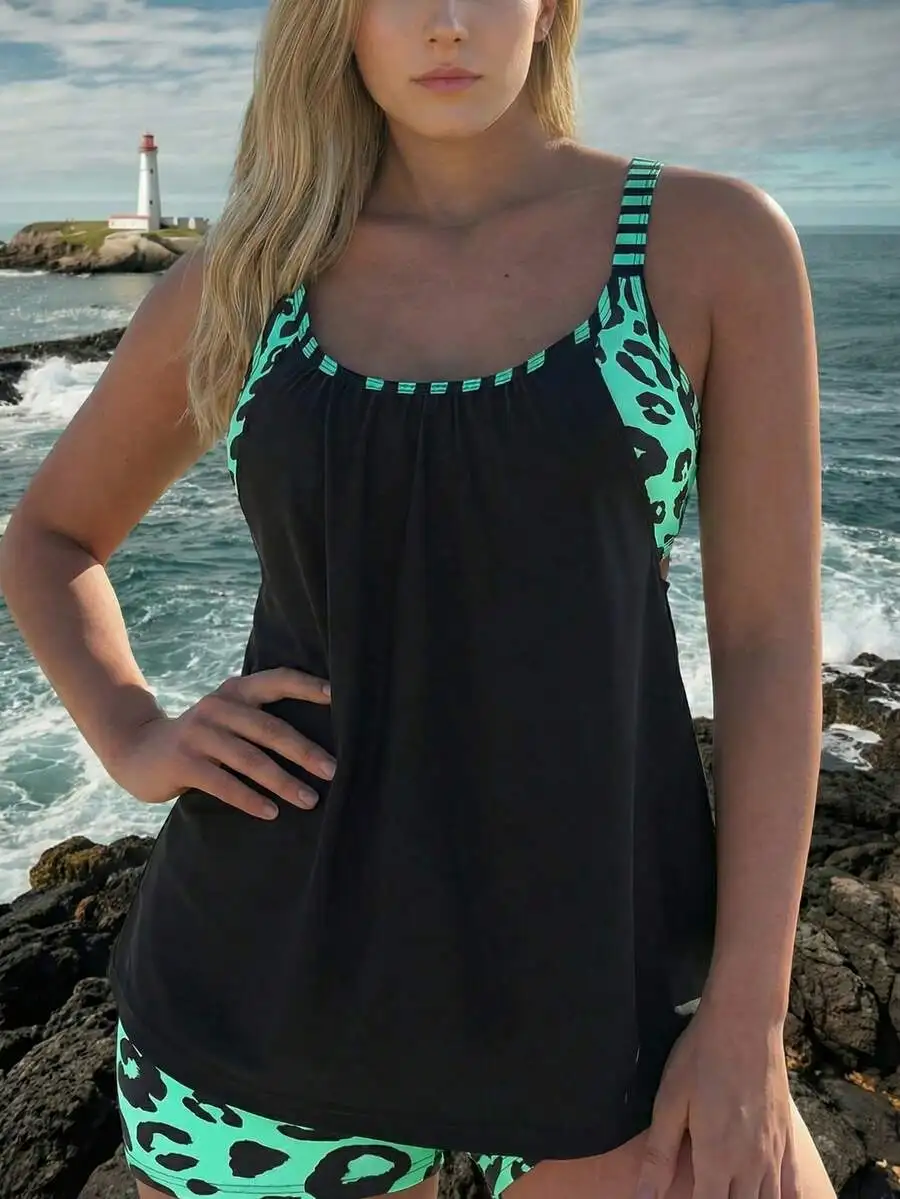 

Plus Size Round Neck Backless Leopard Print Two Piece Tankini Swimsuit For Women