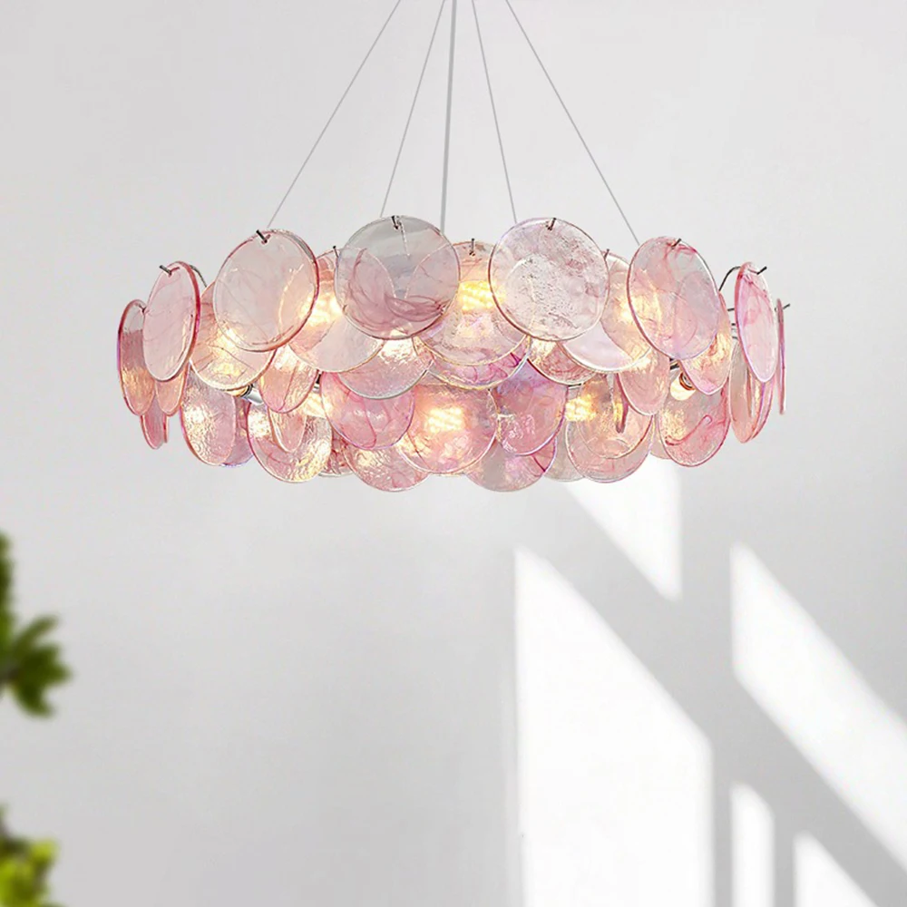 Pink Glass Ceiling Chandelier For Living Dining Room Bedroom Luxury Hanging Light French Vintage