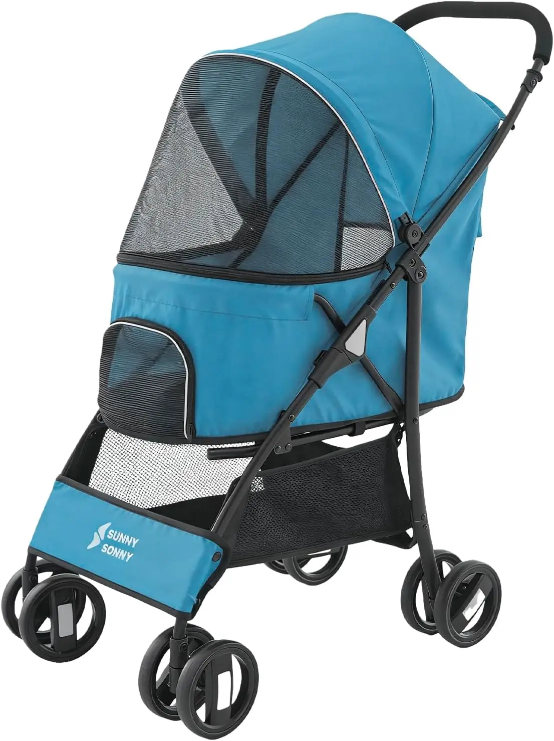4-Wheel Pet Stroller, Easy Fold Dog Cat Jogger with Weather Cover, Storage Basket, Visible Mesh for Small/Medium Pets Up to 33lbs (Blue)