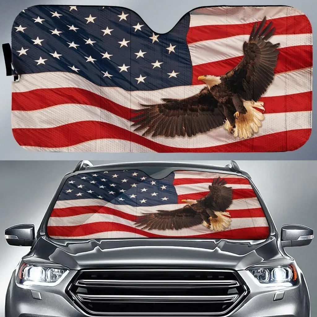 American Flag with Eagle Car Sun Shade Universal Fit Windshield Foldable Auto Gloss Sunshade Protect Car Interior Large Size New