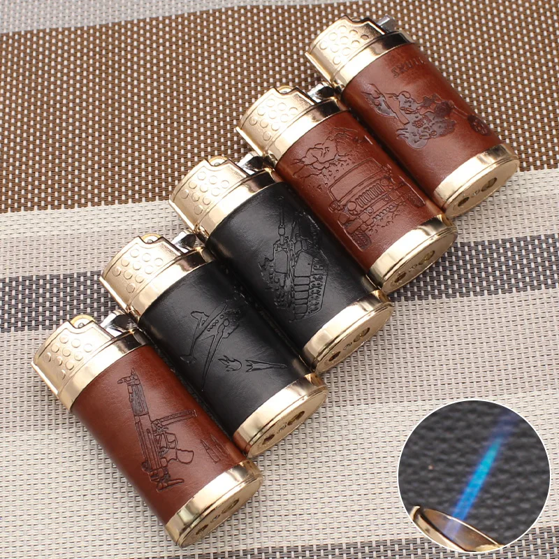 Portable New Leather Direct Impact Windproof Lighter with Metal Inflatable Grinding Wheel Cigarette Lighter Smoking Accessories