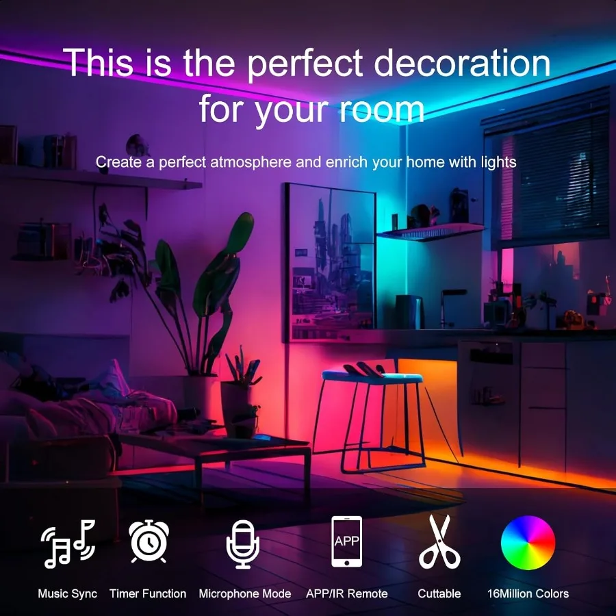Led Lights for Bedroom 200 FT 2 Rolls 100 FT with Remote and Application Control RGB Color Changing LED Strip Lights Music Sync