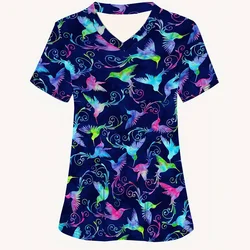 Surgical Uniforms Woman Funny Cartoon Prints Dental Nurse Tops Fashionable V-Neck Short-Sleeve Micro-Stretch Nurse Uniform Woman