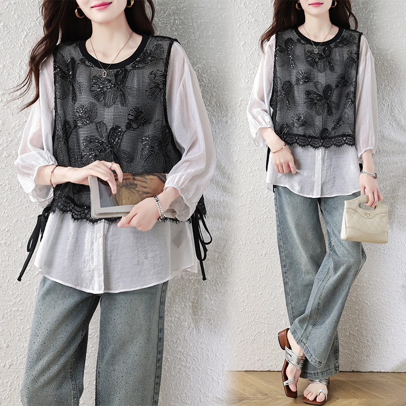 

Fashionable Sequin Vest Top Women's Summer 2026 New Arrival plus Size T-Shirt Base Shirt Glittering round Neck Seven Sleeve