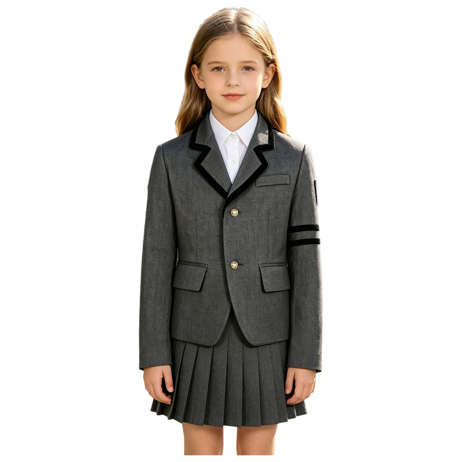 Kids Long Sleeve School Jacket Uniform Lapel Collar Back Slit Coat Contrasting Trim Button Outwear with Flap Pockets