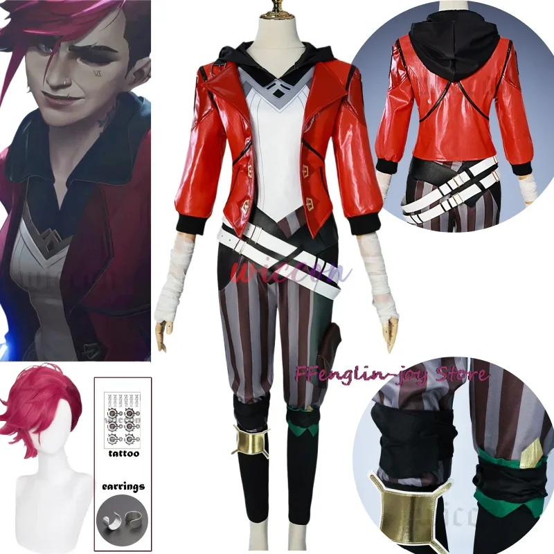 Hn8 jogo lol arcane vi cosplay traje piltover enorcer outfit vi uniforme peruca vermelha terno halloween carnaval role play adereços w) 4dc