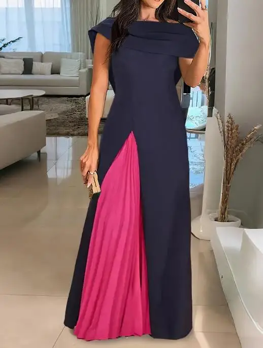 

Elegant Backless Colorblock Off-Shoulder Maxi Dress for Women Shawl Design Bodycon Dress with Pleated Detail for Parties