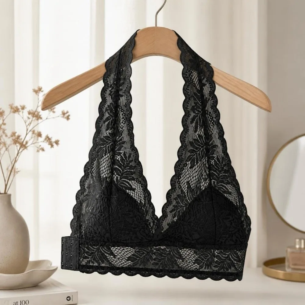 Vestenartiger Neckholder-BH mit Spitze, Push-Up-Effekt, transparentem Netzstoff, Schönheitsrücken, seitlicher Schnalle, unsichtbarer, drahtloser BH für den täglichen Gebrauch. – Detail 11