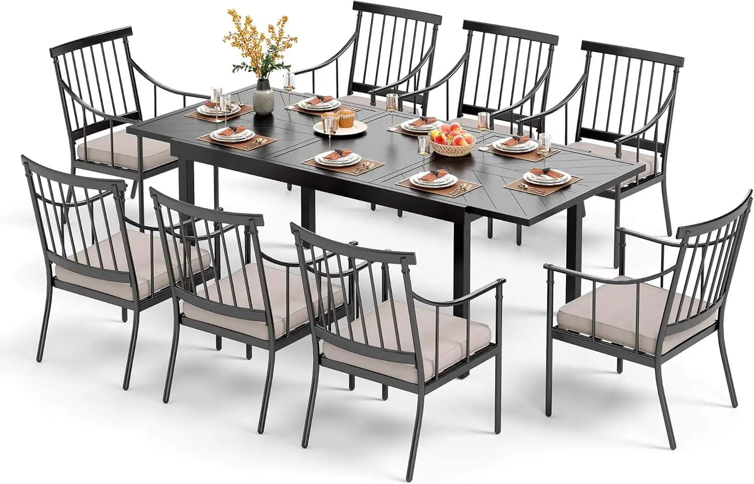 

9 Piece Outdoor Dining Table Set for 8, Expandable Rectangular Wrought Iron Dining Table