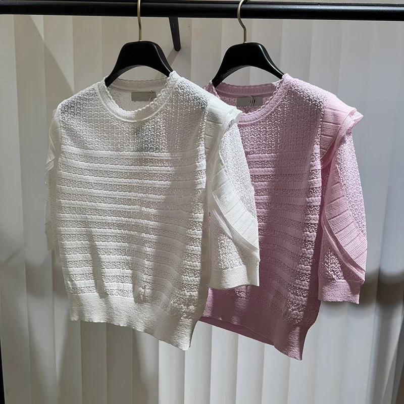 

MICOAT Gentle Transparent Anti-Aging Thin Knitted Top Women's round Ne Hollow out Sve Loose Fit Sweet Sle Summer 2025