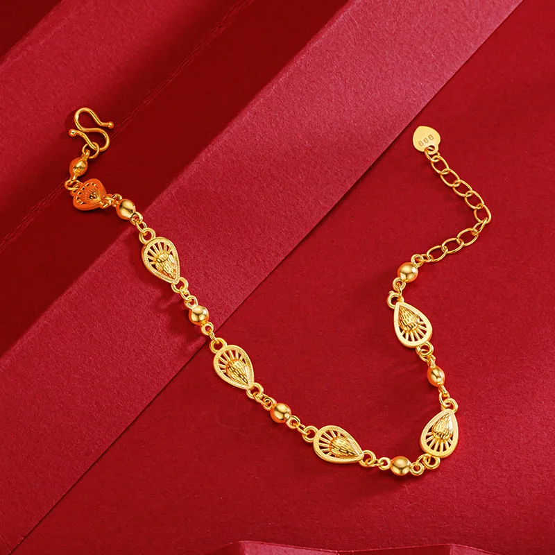 Female Korean version 9999 24K real gold simple and sweet forest style best friend water droplet strawberry bracelet jewelry