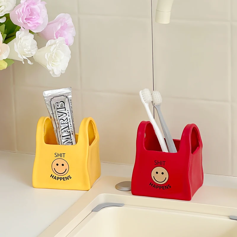 Creative Cute Tote Bag Smiling Face Pen Holder Office Desktop Decoration Stationery Multifunctional Storage Bucket