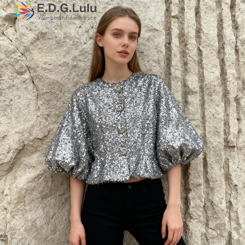 

EDGLuLu 2025 Fall New Fashion Versatile Puff Sleeve Loose Women's Top Single Breasted High Quality Silver Gold Short Top 1031