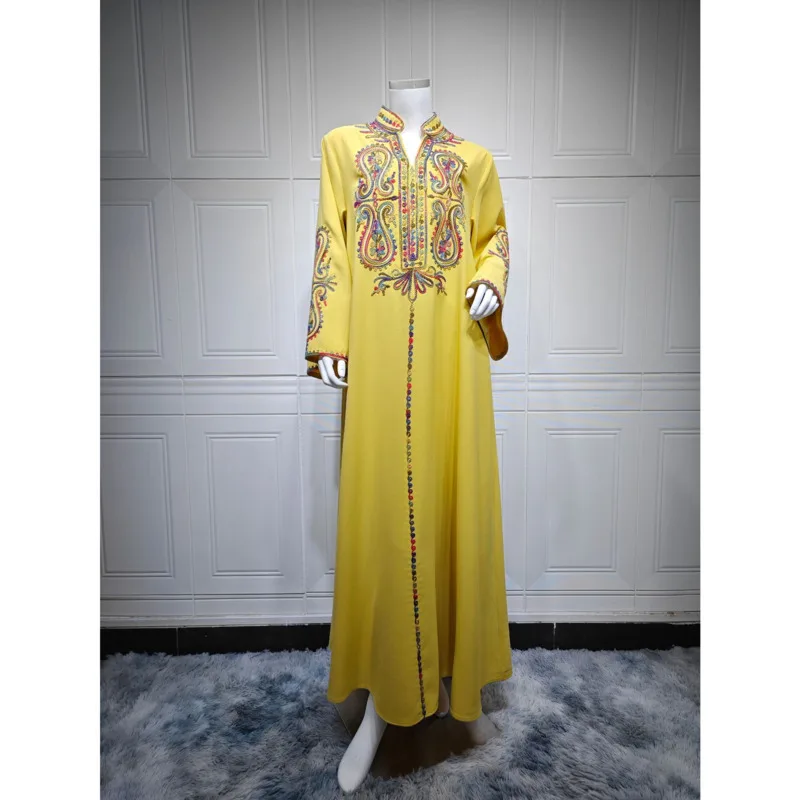 [Vibe] Roupas muçulmanas Robe feminino de manga comprida com corda bordada vestido bordado