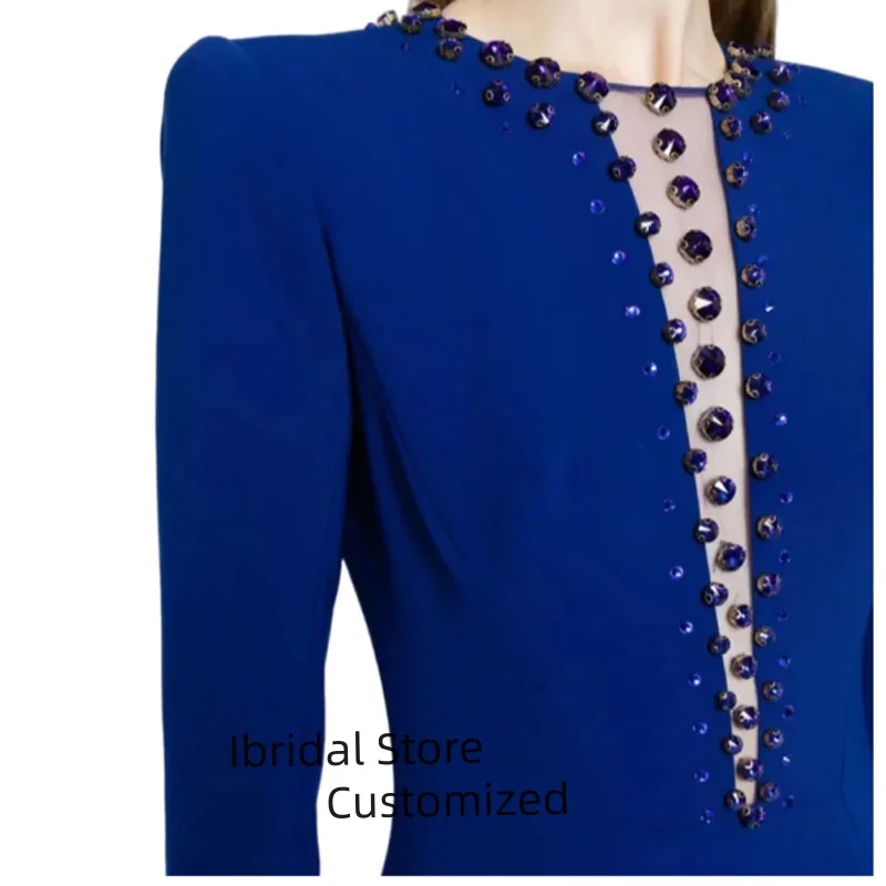 Vestido de noche elegante personalizado, vestidos de fiesta de boda con cuello en V profundo de cristal, vestido de noche Formal de sirena de manga larga para mujer