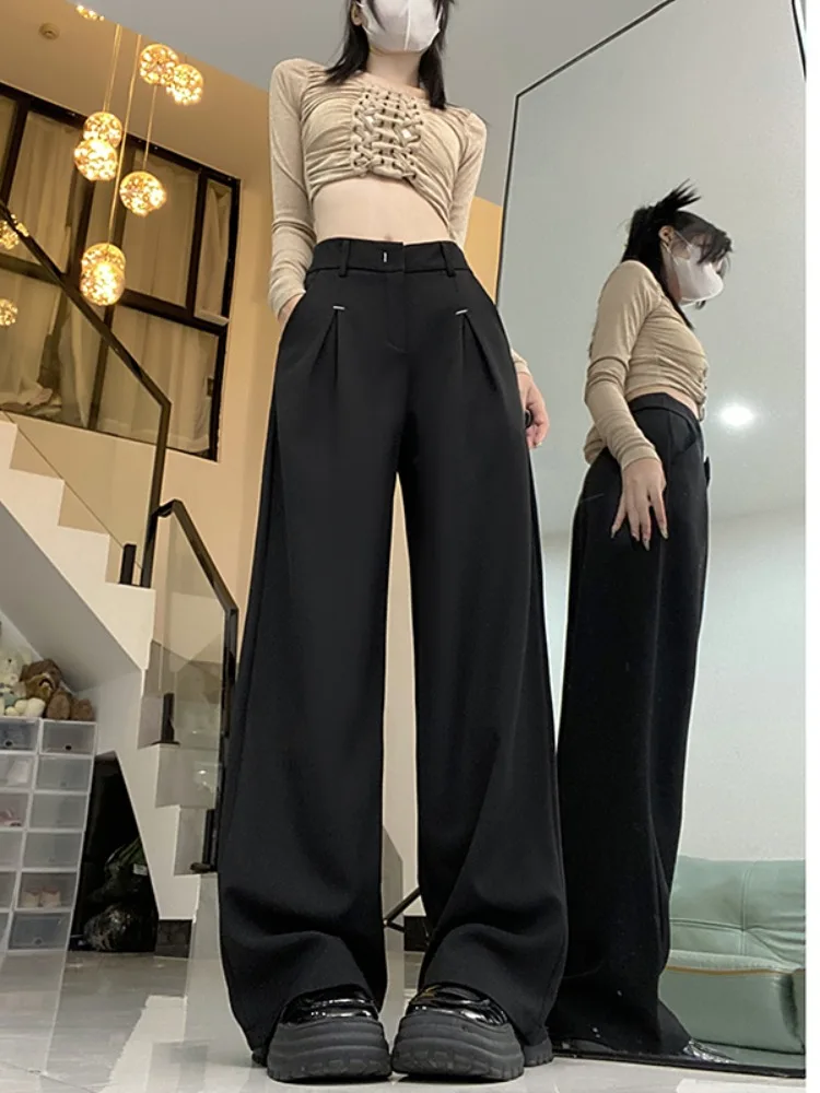 2023 Autumn/Winter New Versatile Women Suit Pants With High Waist Wide Leg Pants Long Casual Pants For Women Solid Grey Black