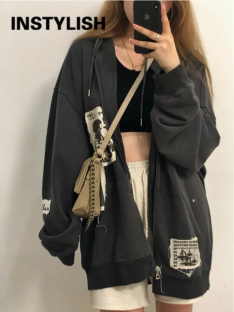 Autumn Vintage Patch Stitch Zip Up Hoodies Korean Fashion Harajuku Y2K Streetwear Grunge Hooded Sweatshirt Oversized Jacket Tops