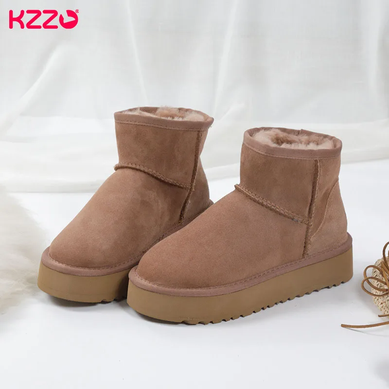 KZZO-Botas femininas de couro de camurça de carneiro, botas de neve forrado com lã natural, sola grossa, sapatos quentes, inverno