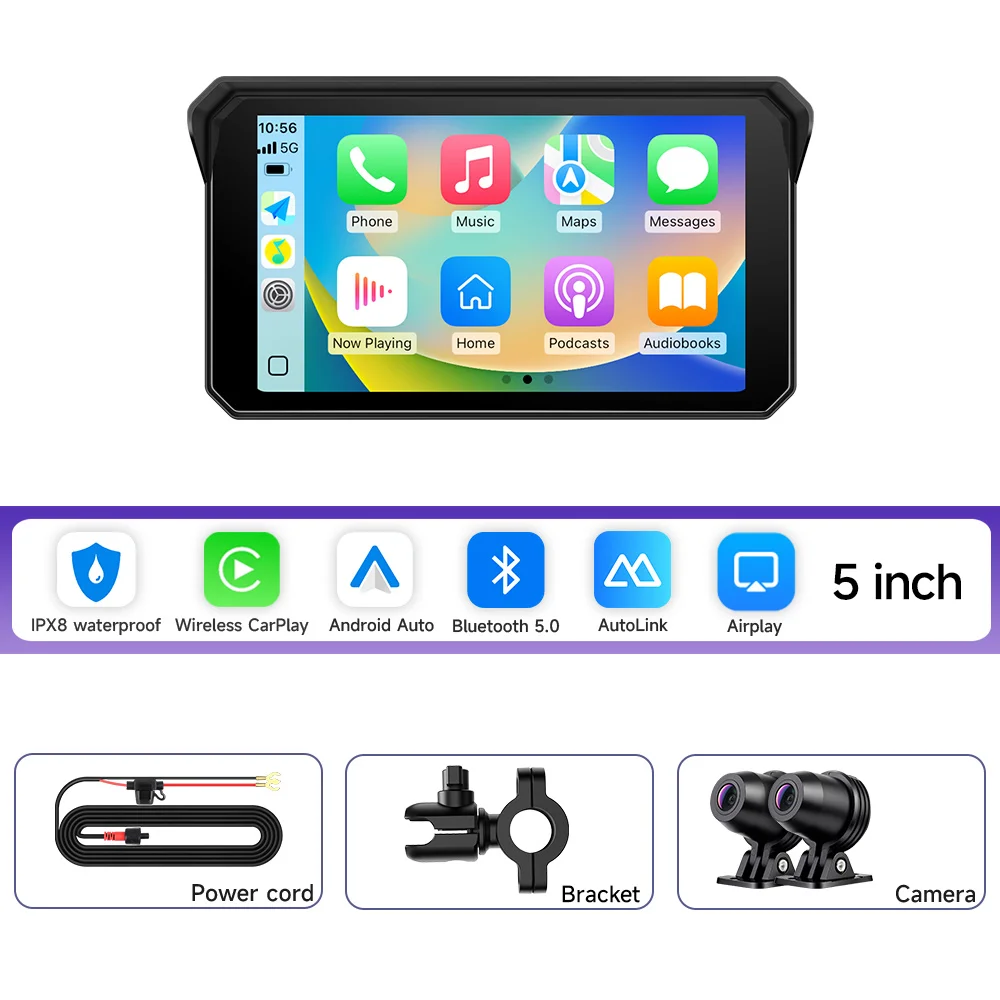 JIUYIN 5 inch draadloze CarPlay Moto Android Auto draagbare digitale motorfiets dashboard GPS motorfiets navigatie display scherm