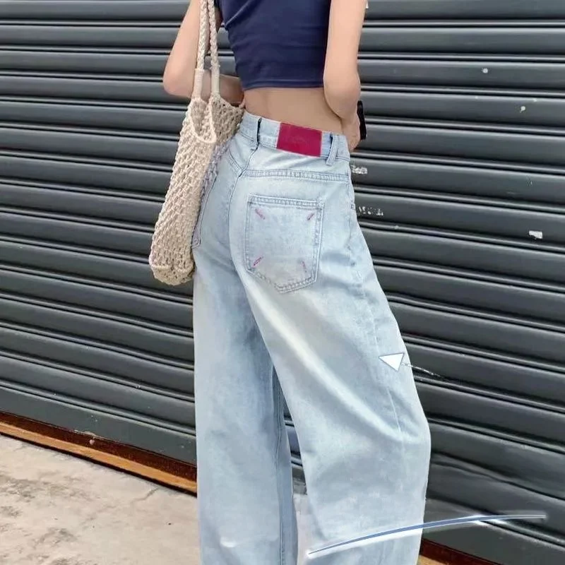 

Женские джинсы с высокой талией, вышивкой и широкими штанинами, свободного кроя, визуально стройнящие, из денима, повседневные, прямого кроя