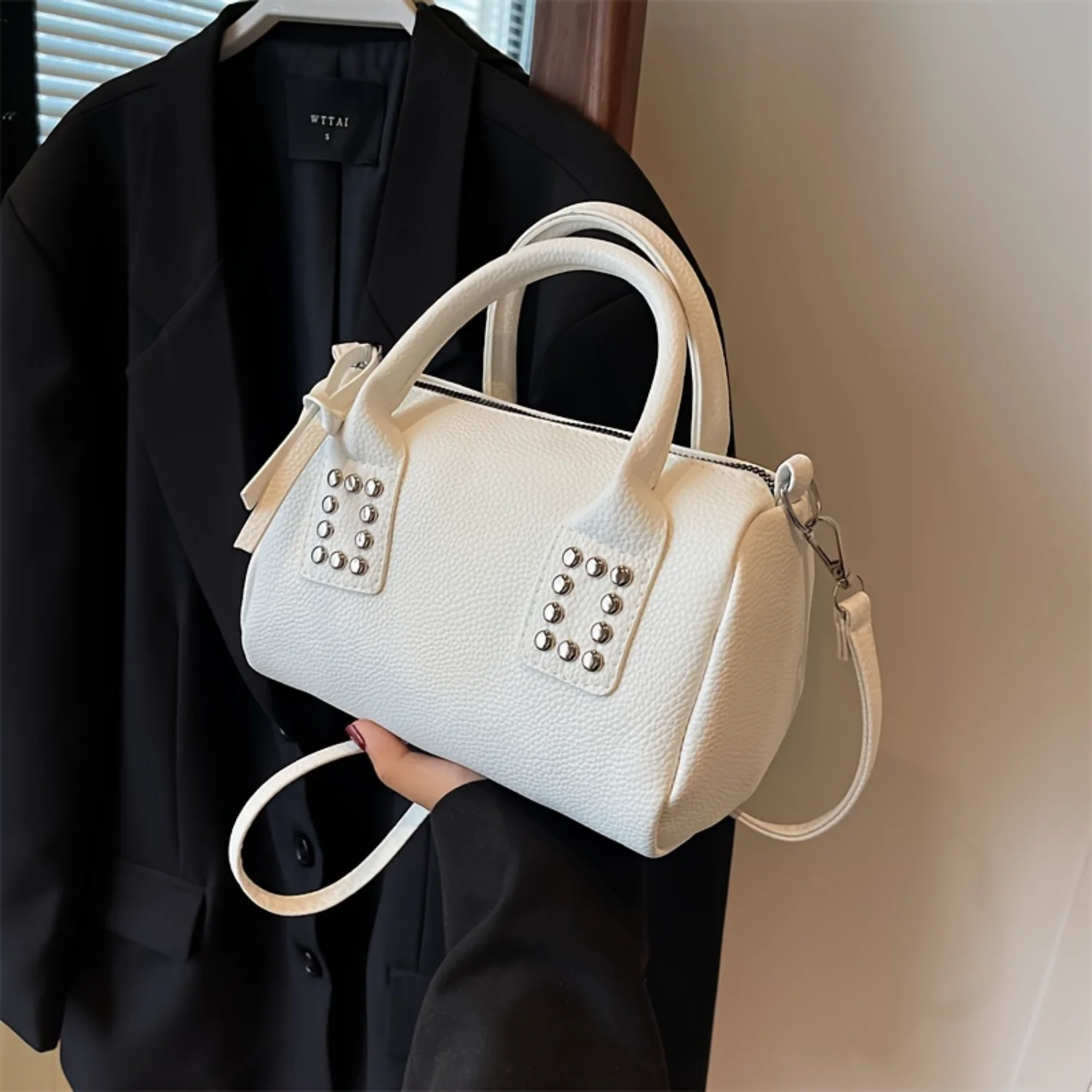 

Mini Square Cylinder Bag Rivets Decor Women's Top Handle Satchel
