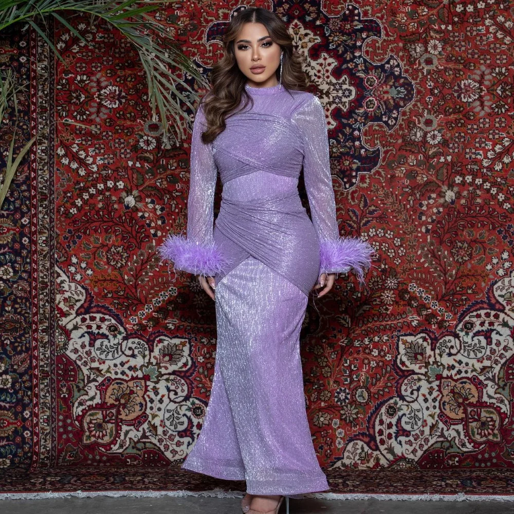 

Epoch Charming Evening Dress Trumpet Elegant Feathers Custom Made فساتين سهرة Sexy O-Neck Long Sleeve Prom Gown Women 2024