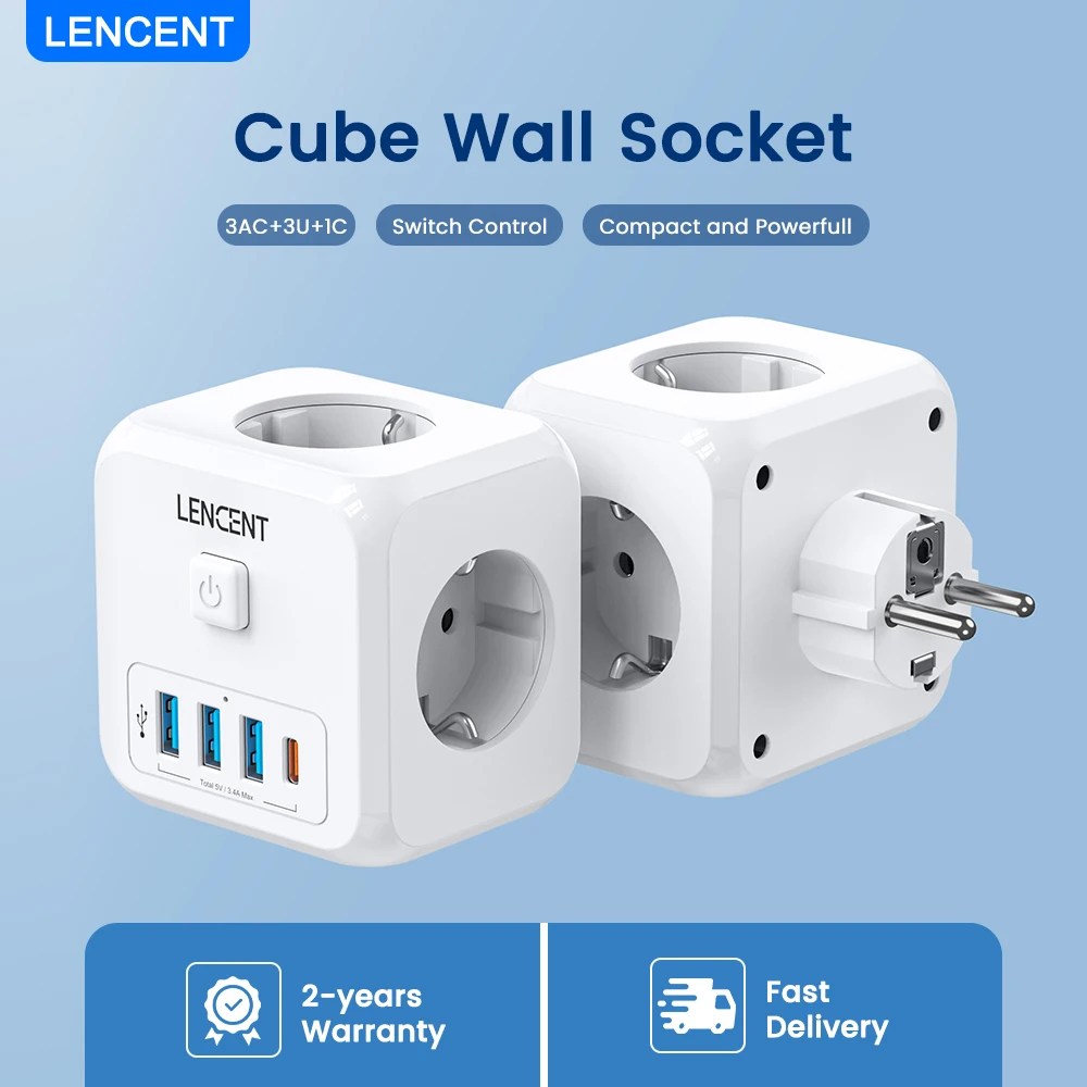 LENCENT EU-stekkerstekkerdoos met 3 stopcontacten + 3 USB-oplaadpoorten + 1 Type C 5V 2.4A-adapter 7-in-1 stopcontact aan/uit-schakelaar