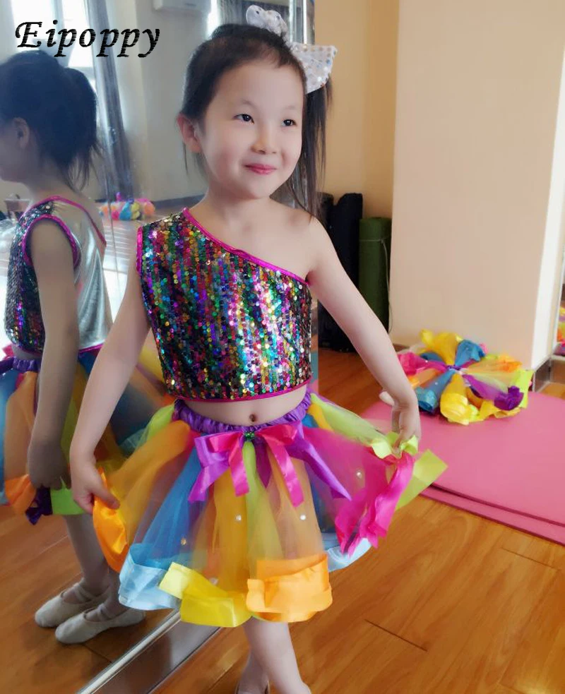 Children's Sequins Jazz Dance Skirt Performance Clothing Girls New Colorful Pompon Skirt Modern Ballet Performance Clothing