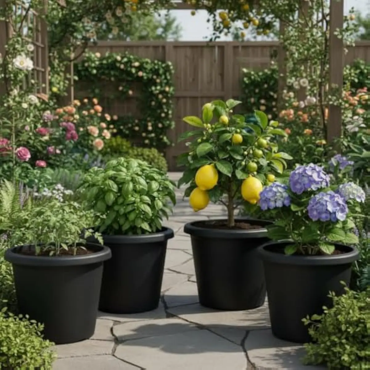 4 Pack 16 Inch Modern Outdoor Plant Pots – Lightweight UV Resistant Plastic Containers with 4 Drainage Holes and Raised Base for