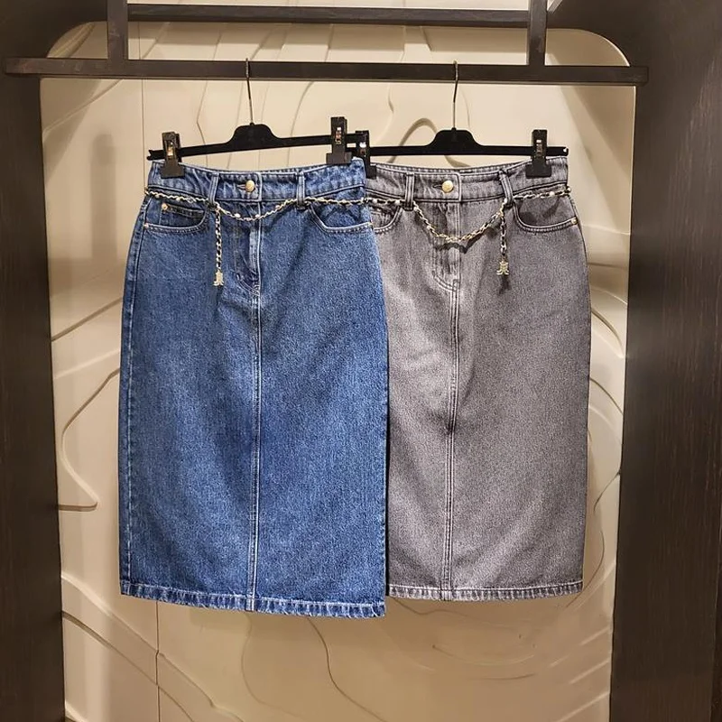 

Ультра-угольная металлическая юбка-миди из чистого хлопка со средней талией, корейская версия, юбка на пуговицах и молнии с деталями