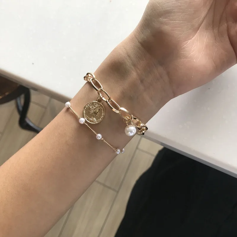 Koreaanse Trendy Witte Parel Ketting Armbanden voor Vrouwen Meisjes Elegante Gouden Kleur Kraal Link Hand Bedelarmband Sieraden Huwelijksgeschenken