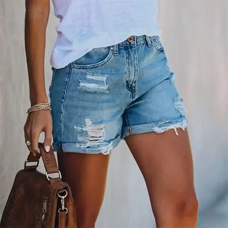 Fashion Vintage Broken Holes Denim Shorts Women Straight Mini Jeans Three Quarter Pants Female Summer Casual Trend Streetwear 24