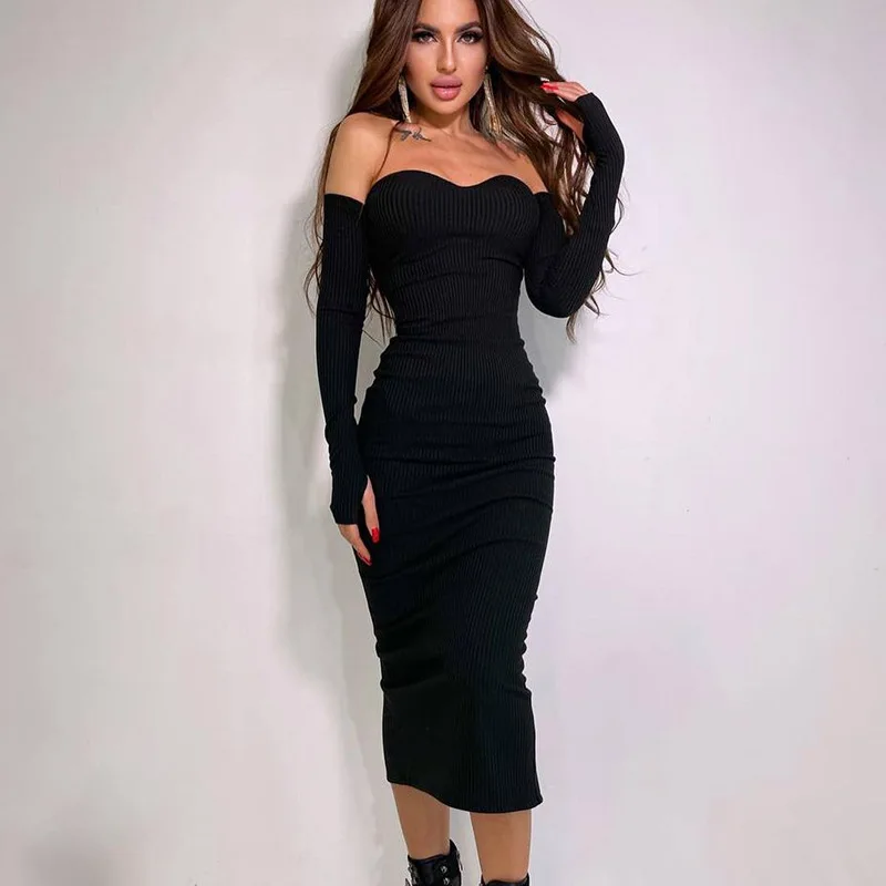 2023 Spring/Summer Women\'s New Sexy Wrapped Hip Knit Off Shoulder Long Sleeve Bra Dress